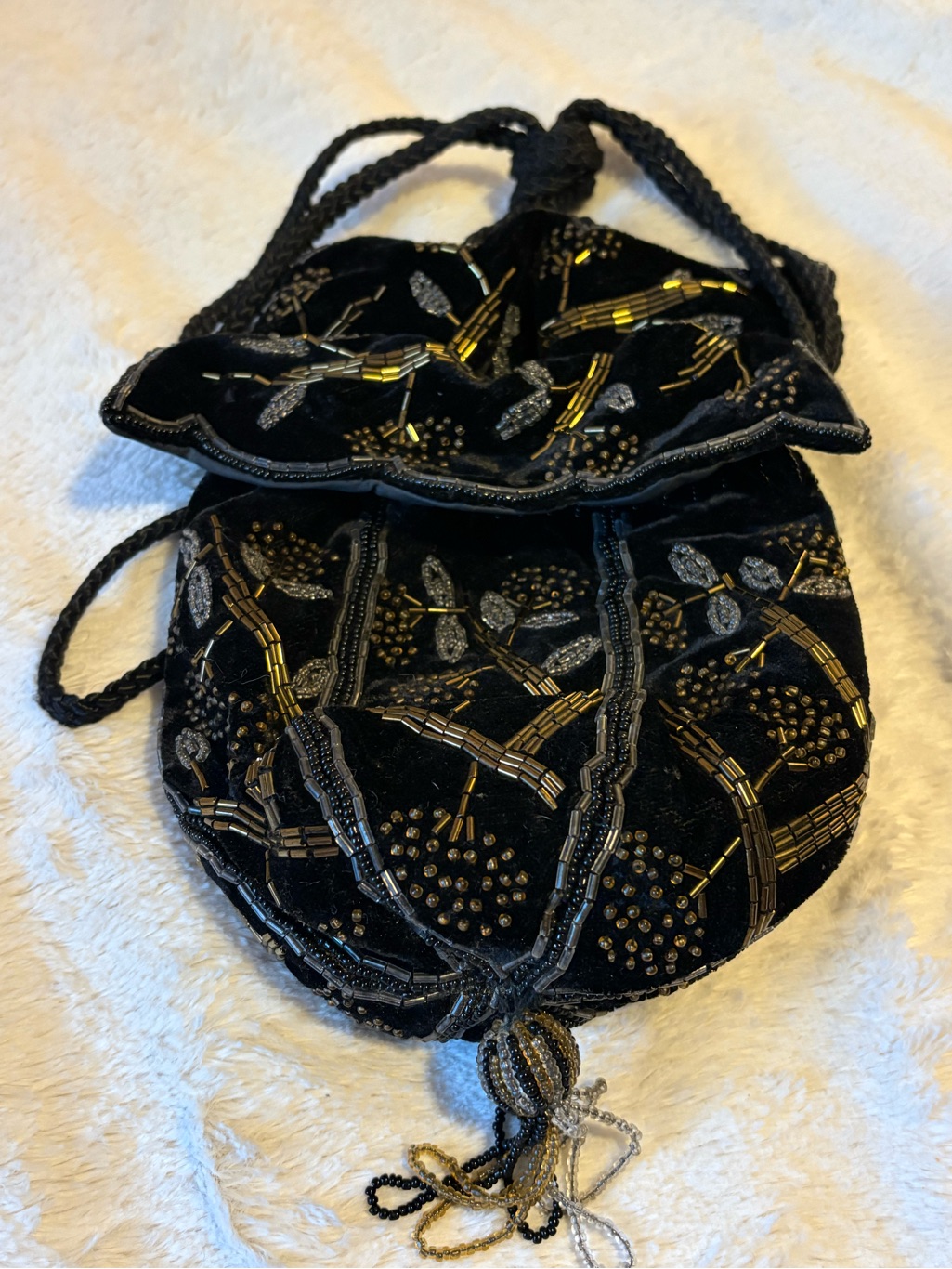 Black Beaded Velvet Drawstring Evening Bag